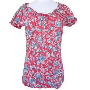 Lauren Jeans Co Ralph Lauren Red Blue Floral Peasant Top Size Medium Puff Sleeve